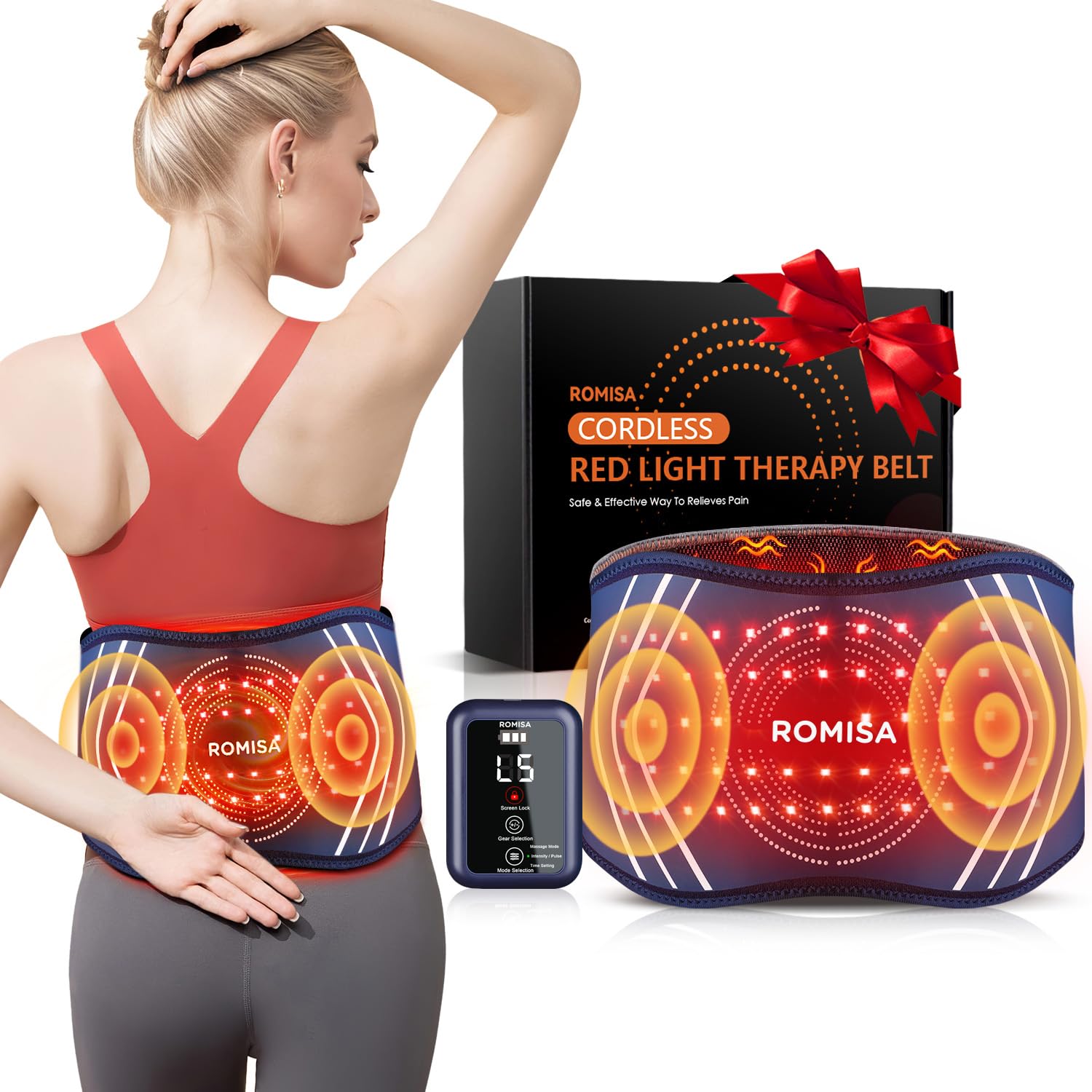 ROMISA cordless red light therapy belt front view for portable back relief.