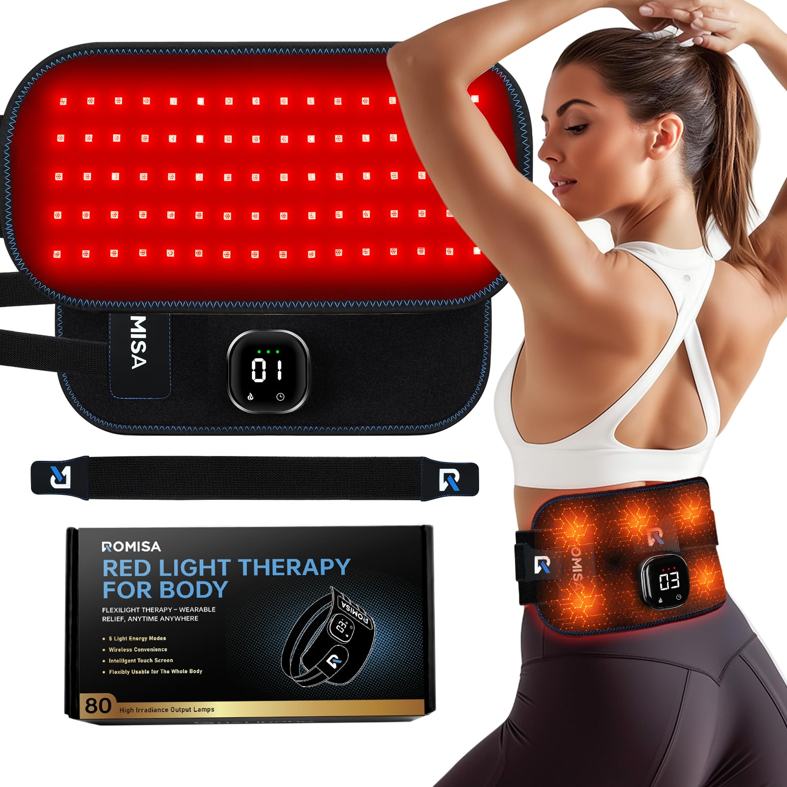 ROMISA cordless red light therapy belt in use on back for targeted relief.