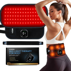 ROMISA cordless red light therapy belt in use on back for targeted relief.