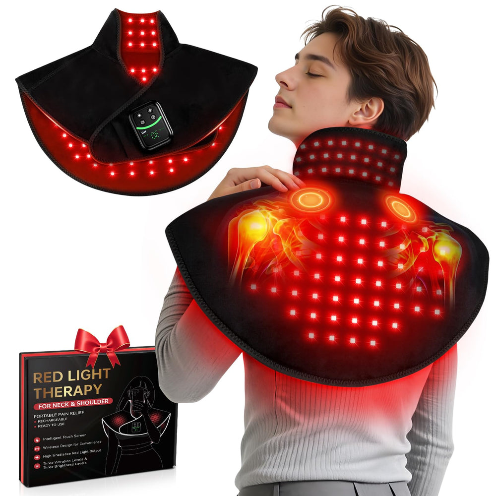 ROMISA cordless red light therapy neck-shoulder pad delivers deep warmth for sore muscles.