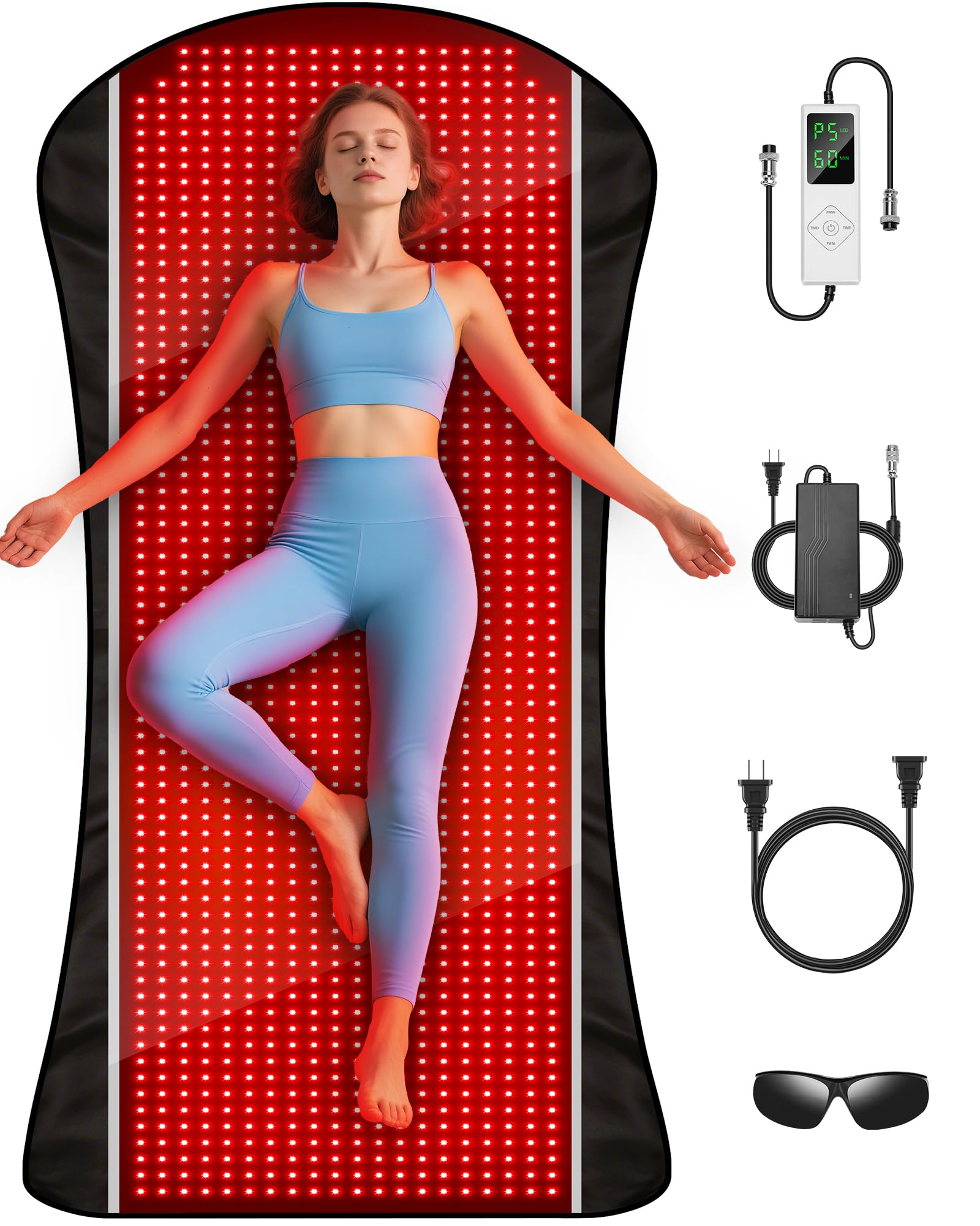 ROMISA full-body red light therapy mat laid on a sofa for home wellness sessions.