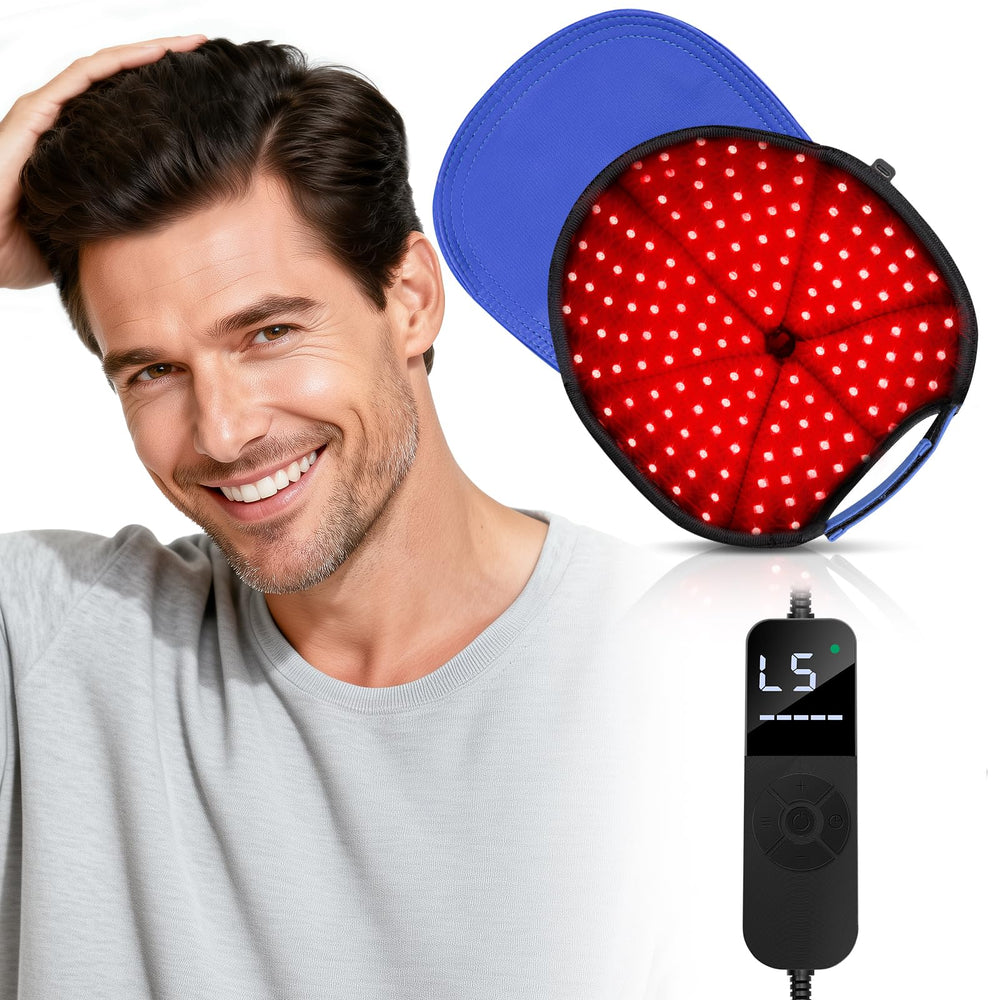 ROMISA Red Light Hair Growth Cap front view with glowing LED panel for at-home use.