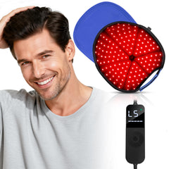 ROMISA Red Light Hair Growth Cap front view with glowing LED panel for at-home use.