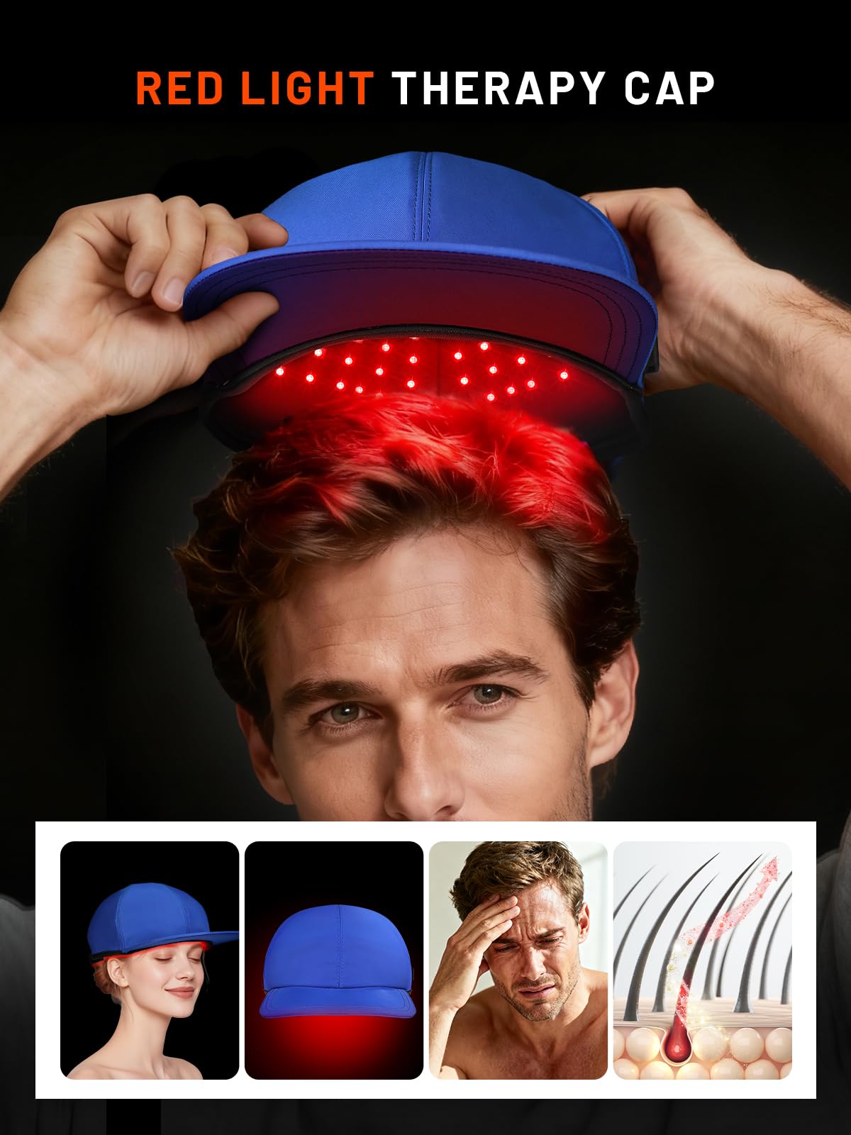 ROMISA Red Light Hair Growth Cap side view highlighting ergonomic design for comfortable wear.