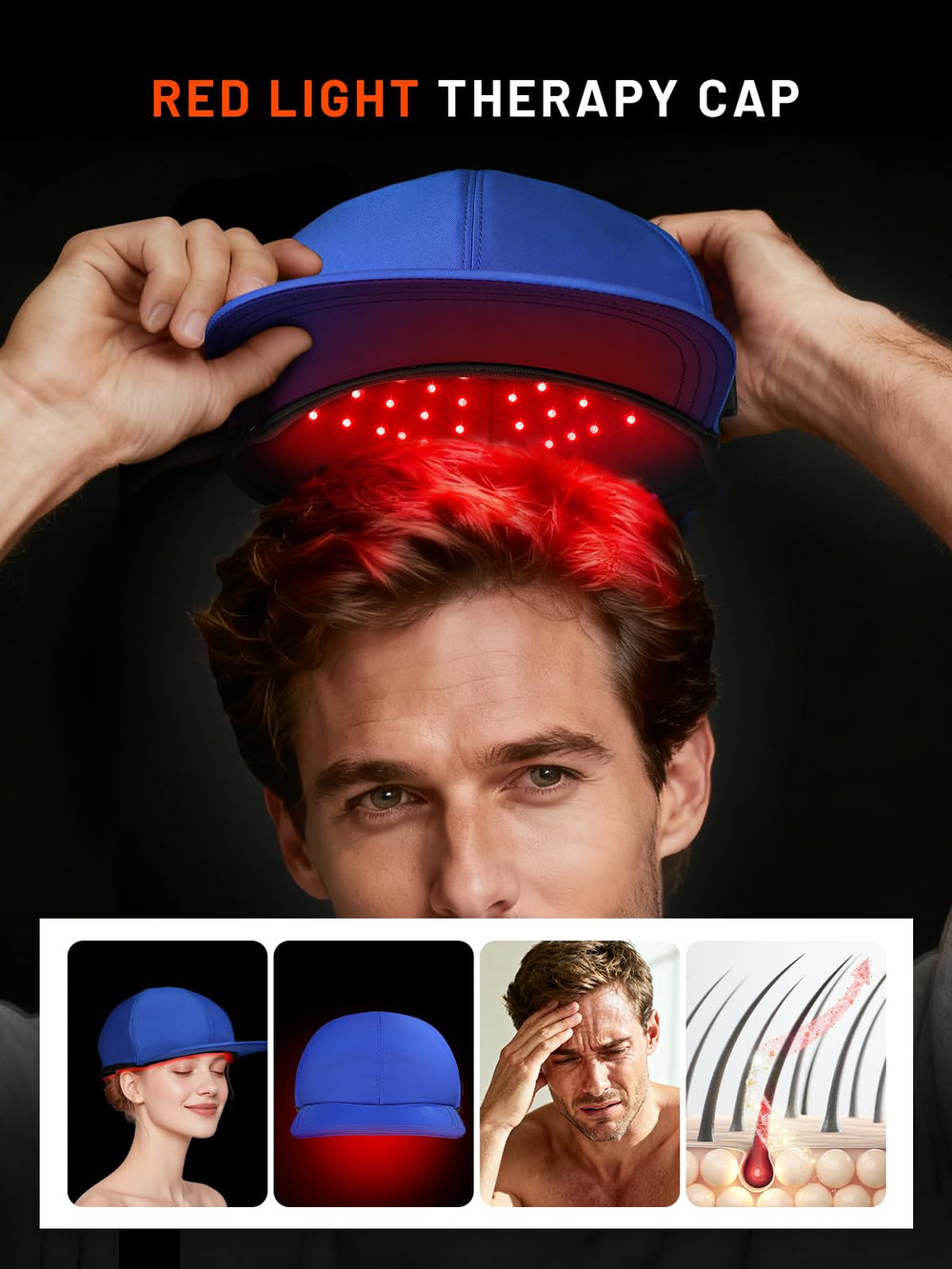 ROMISA Red Light Hair Growth Cap side view highlighting ergonomic design for comfortable wear.