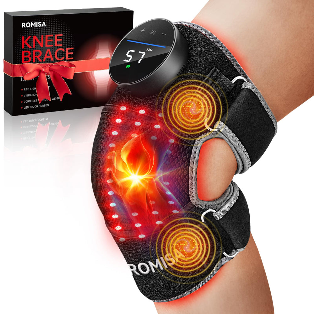 ROMISA red light knee brace on knee for targeted comfort at home.
