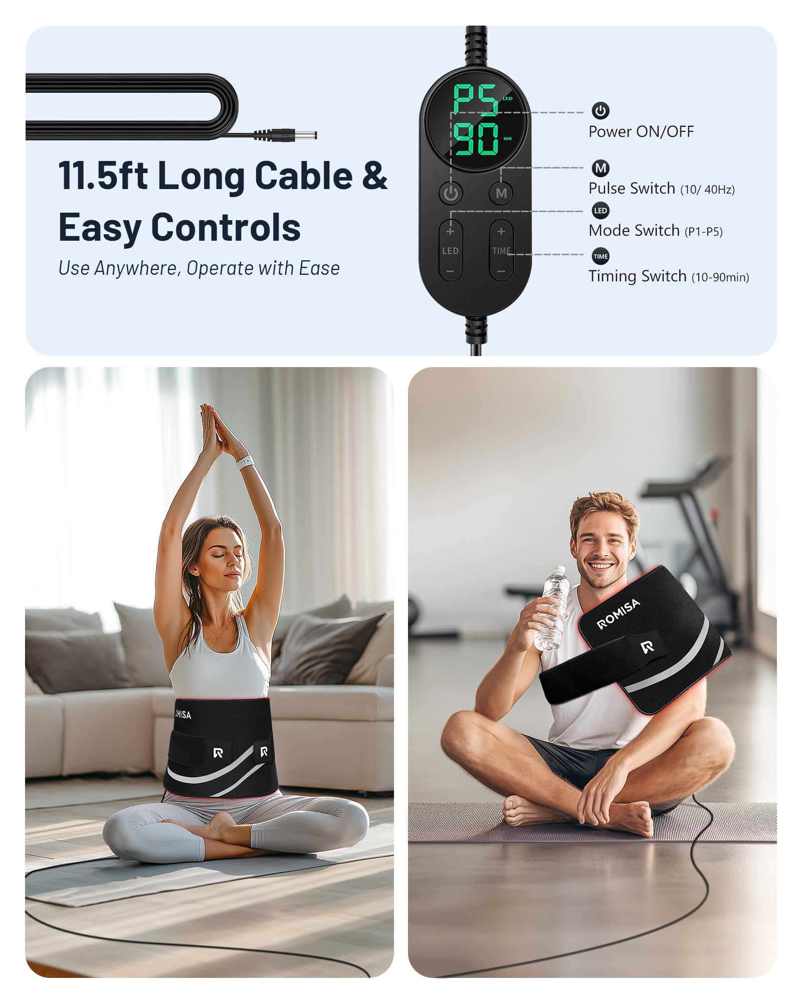 ROMISA therapy pad controller-panel for easy timer and brightness adjustments.