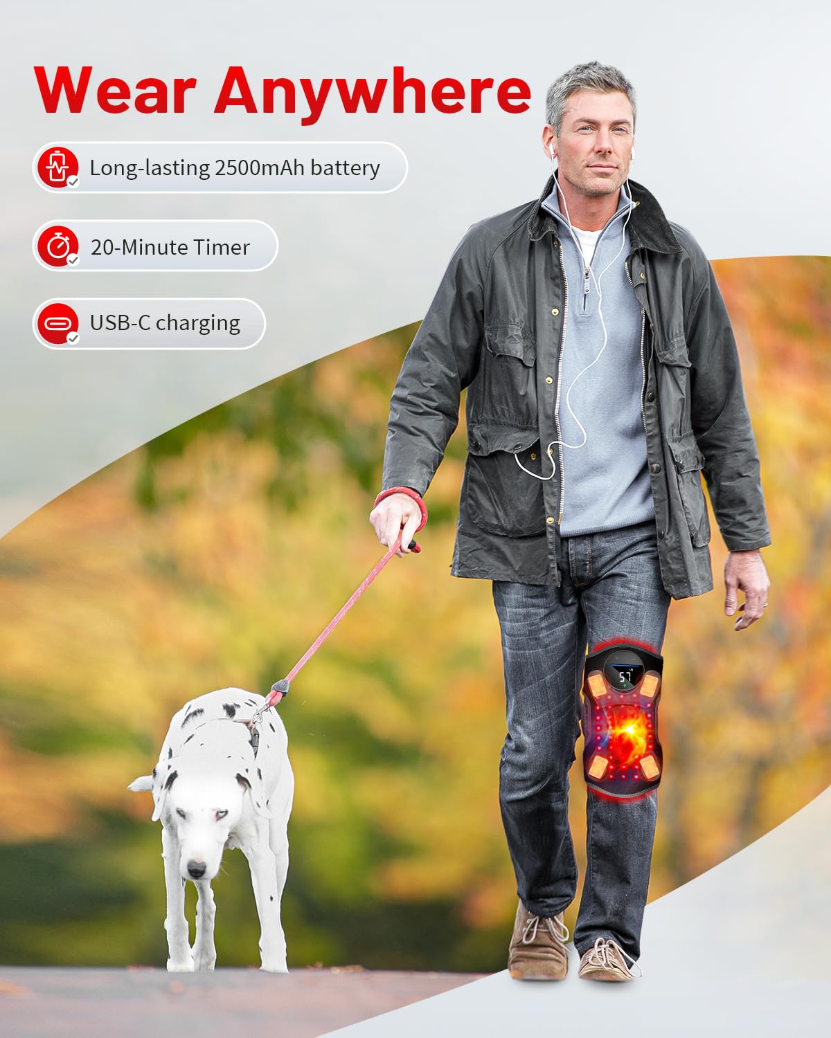 ROMISA Upgraded Pro red light knee brace shows 660nm and 850nm wavelengths for surface and deep therapy