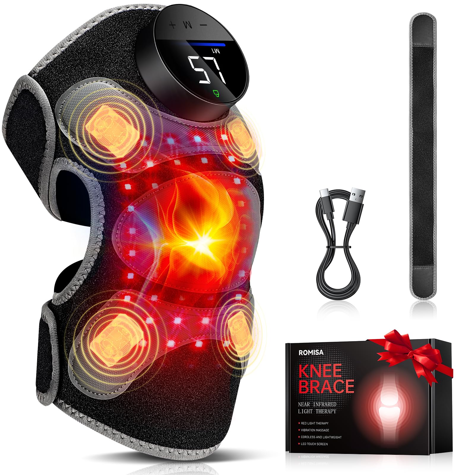 ROMISA Upgraded Pro red light knee brace front view for targeted knee therapy