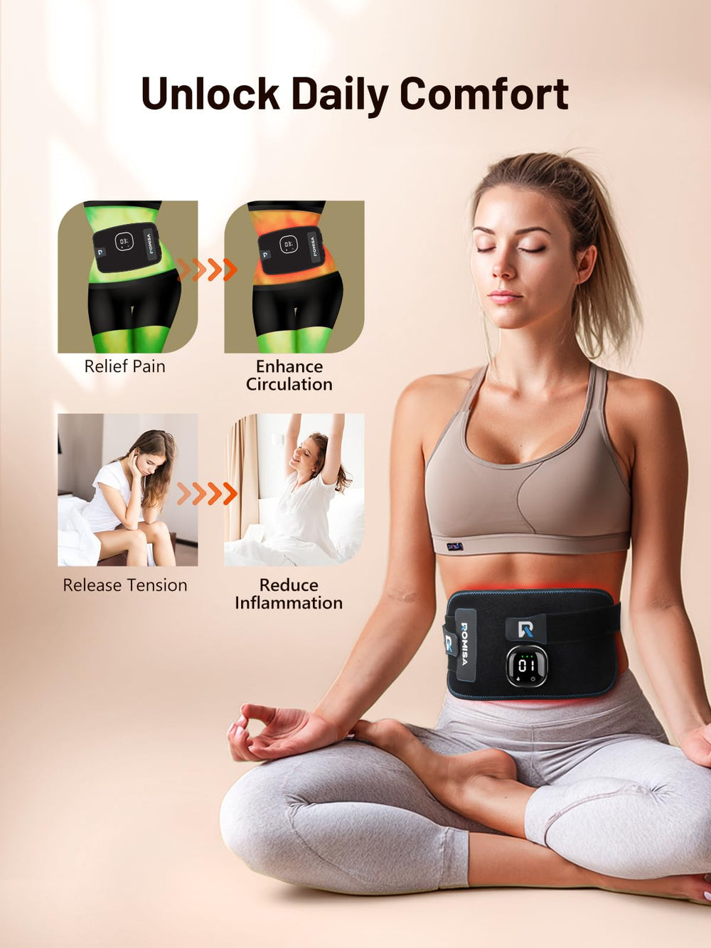 ROMISA belt features USB-C charging for easy recharging.