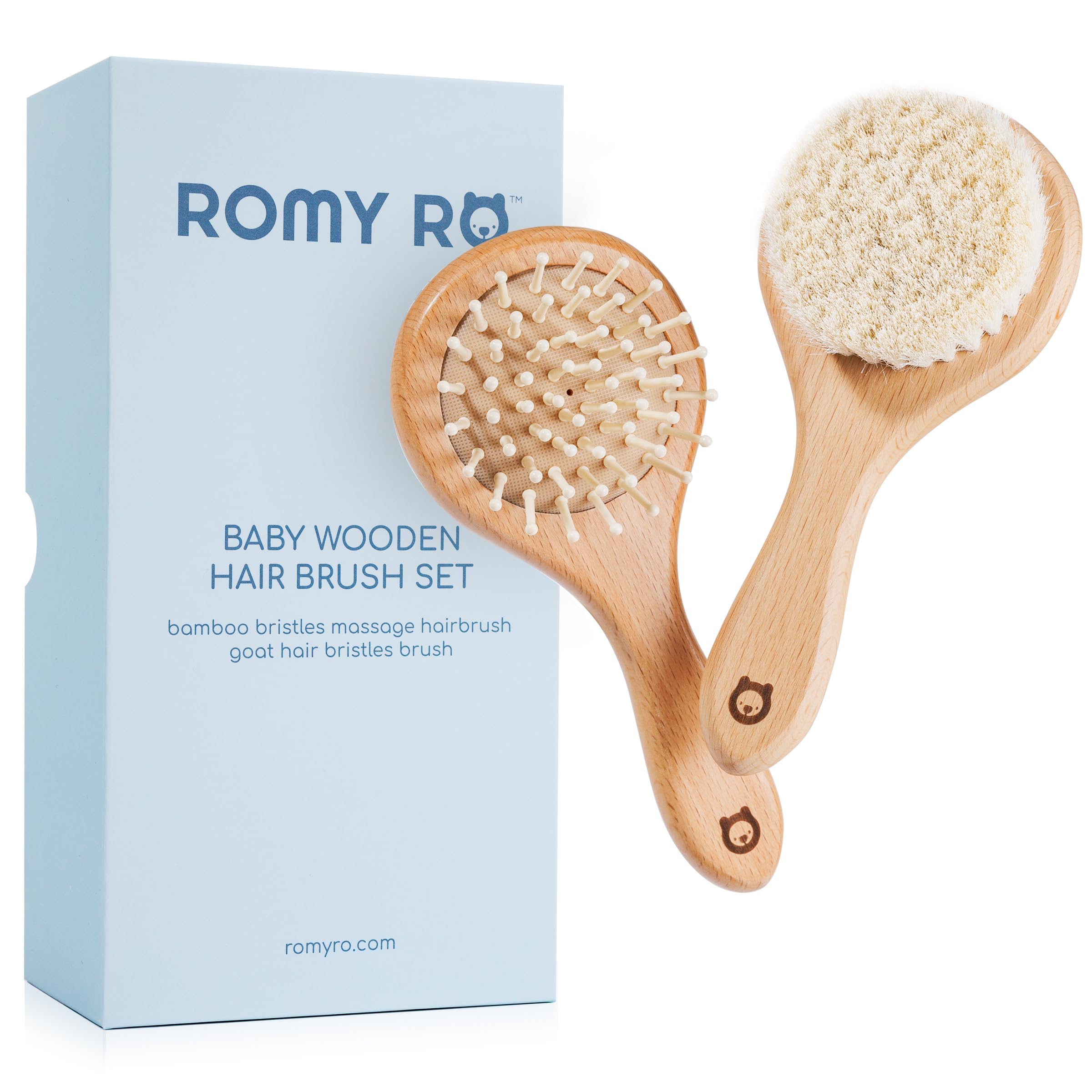 ROMY RO baby wooden brush set with bamboo bristles for gentle detangling and scalp massage