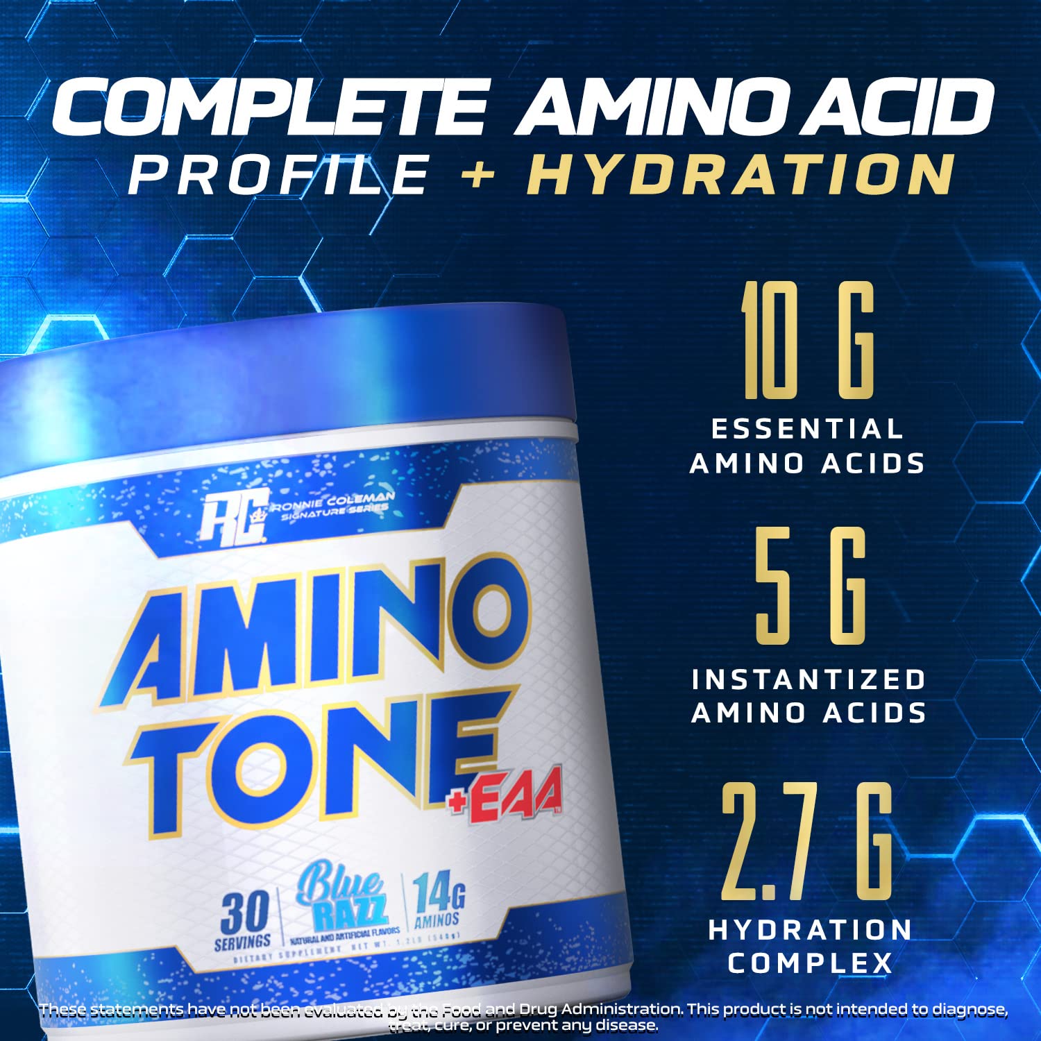 Ronnie Coleman Signature Series Amino-Tone EAAs label close-up highlighting ingredients