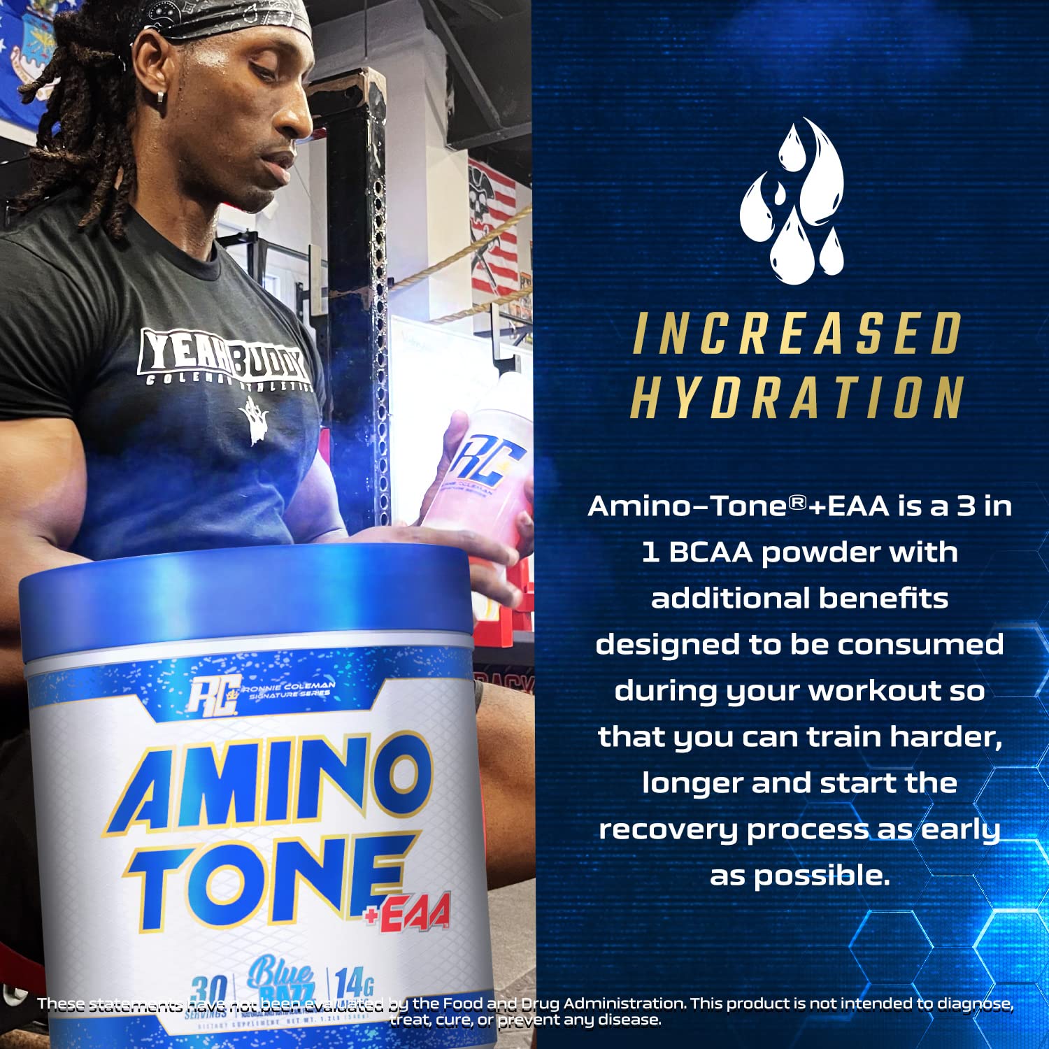 Ronnie Coleman Signature Series Amino-Tone EAAs tub packaging displaying 30 servings