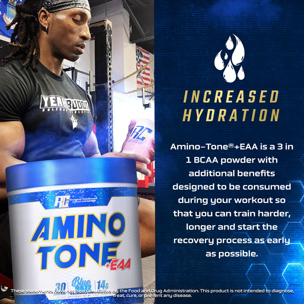 Ronnie Coleman Signature Series Amino-Tone EAAs tub packaging displaying 30 servings