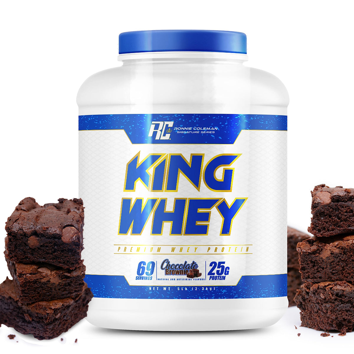 Ronnie Coleman Signature Series whey chocolate brownie powder, front container, supports lean muscle.