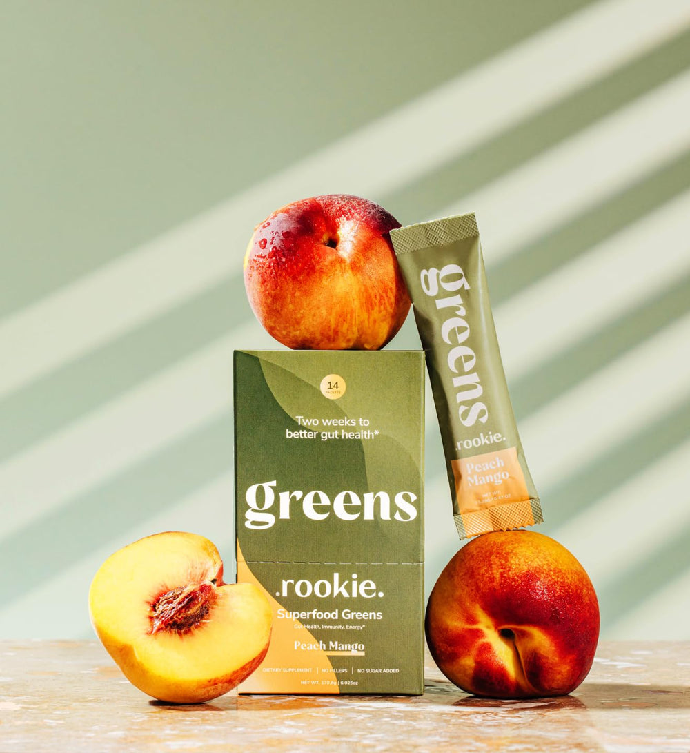 Rookie Wellness daily greens stick pack ready for on-the-go nutrition and digestion support.
