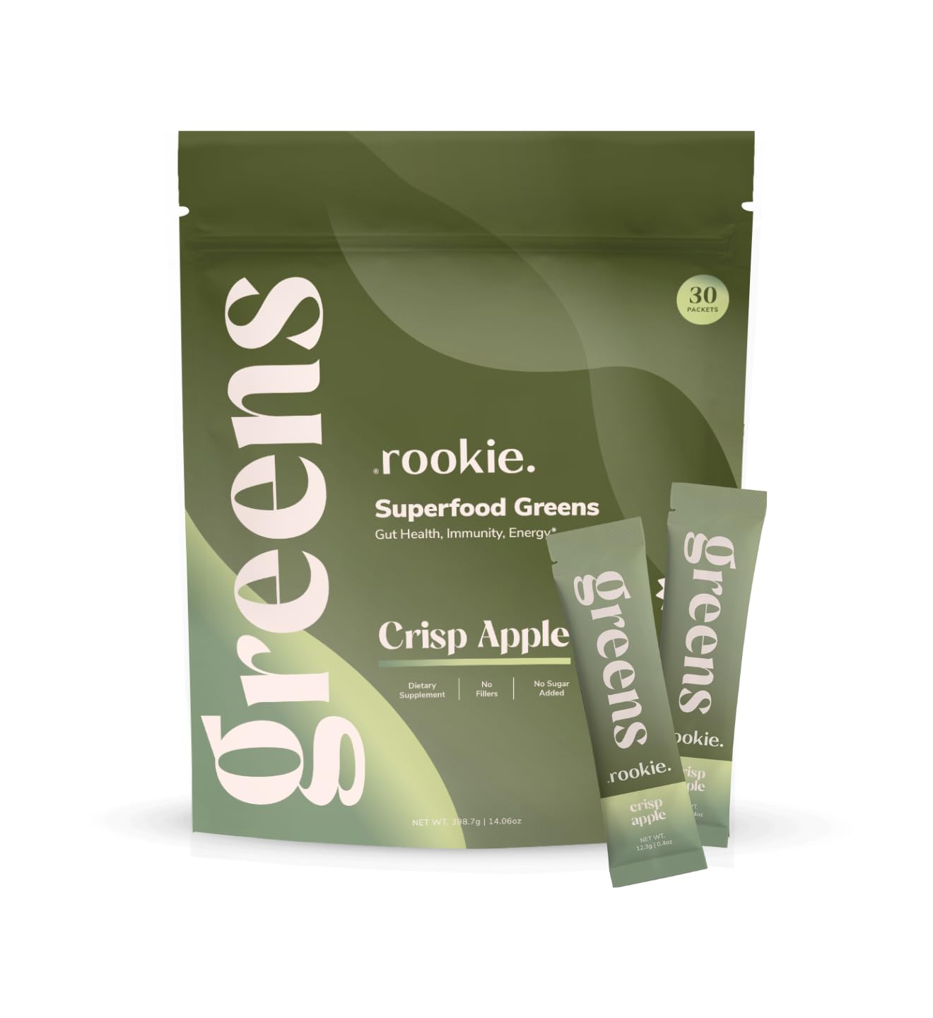 Rookie Wellness Greens bottle being poured for an energy-boosting routine