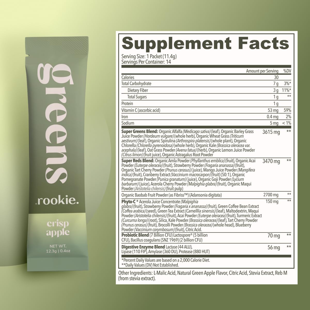 Rookie Wellness Greens tub on a kitchen counter ready for a daily boost