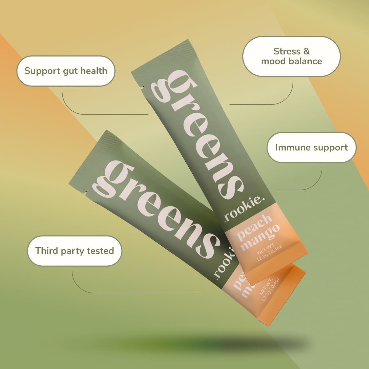A glass of Rookie Wellness Greens shake featuring peach mango for a refreshing daily greens drink.