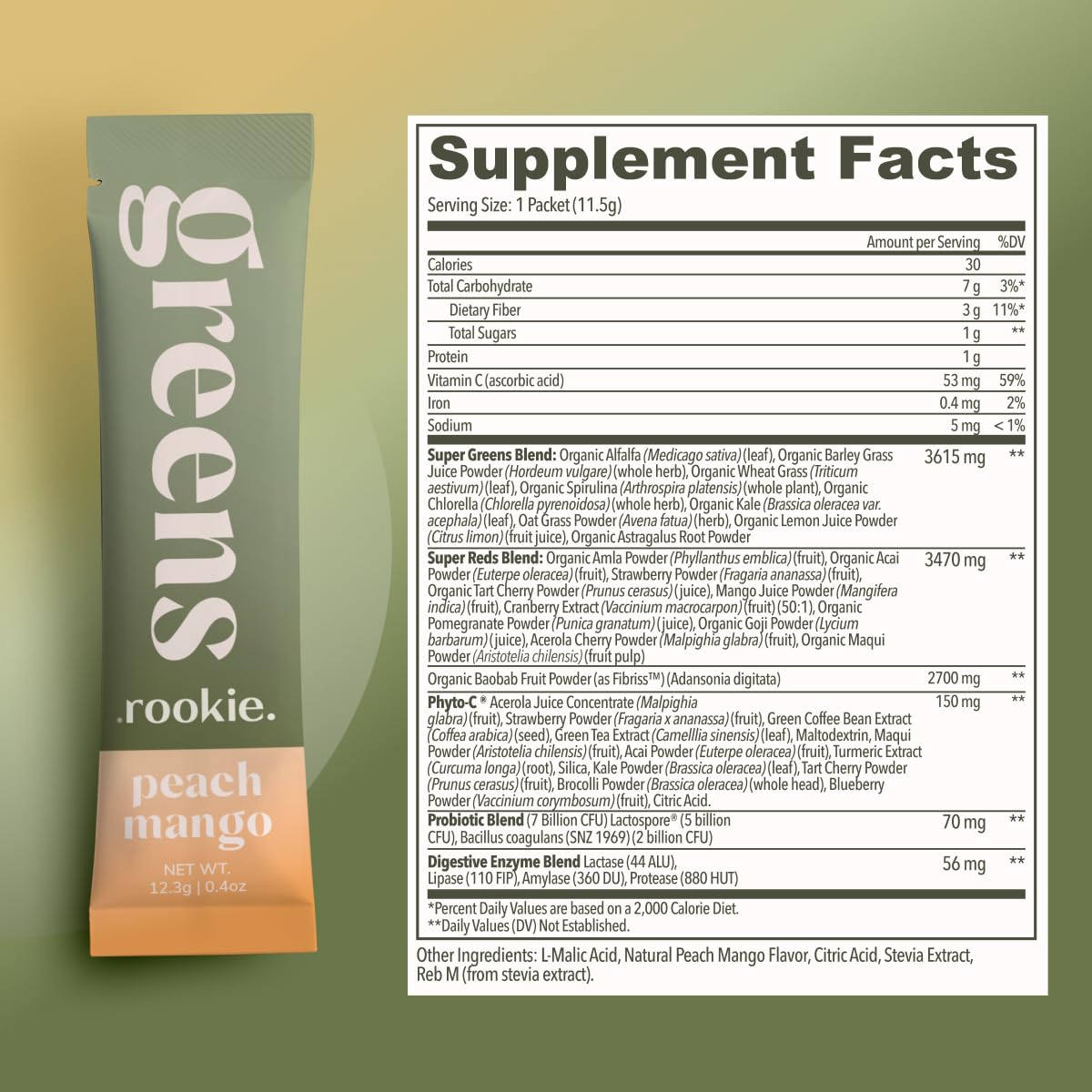 Close-up of Rookie Wellness Greens ingredients including baobab fiber and adaptogens.