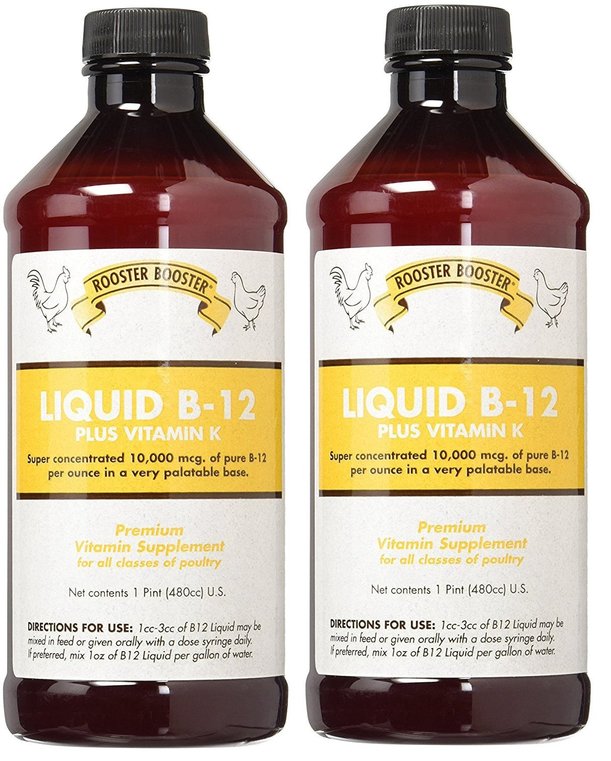 Rooster Booster B-12 Liquid two-pack bottles with clear label supporting poultry vitality