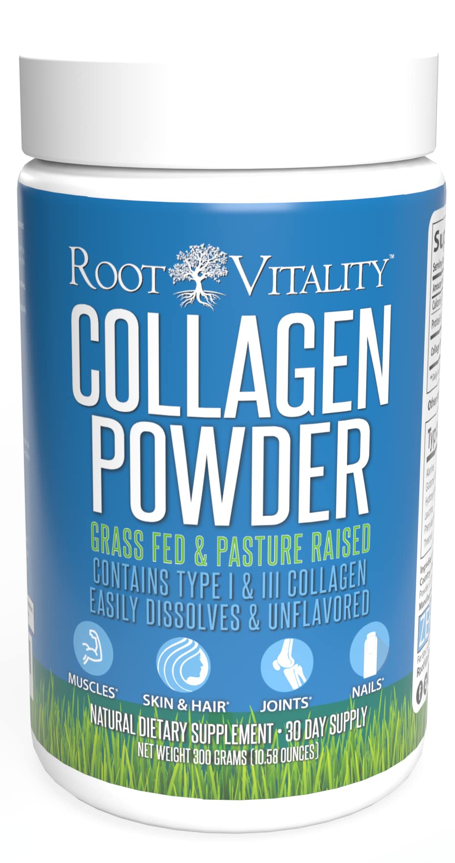 Root Vitality Collagen bottle, showcasing grass-fed formula for skin, hair, and nails.