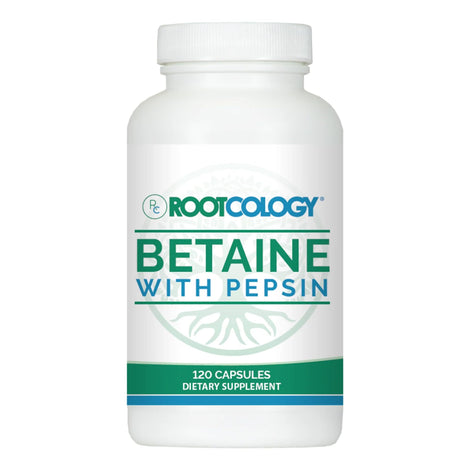 Rootcology Betaine with Pepsin bottle front supports protein digestion after meals.