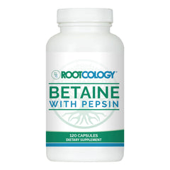 Rootcology Betaine with Pepsin bottle front supports protein digestion after meals.