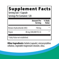 Rootcology Betaine with Pepsin bottle side shows gluten-free formula for digestion.