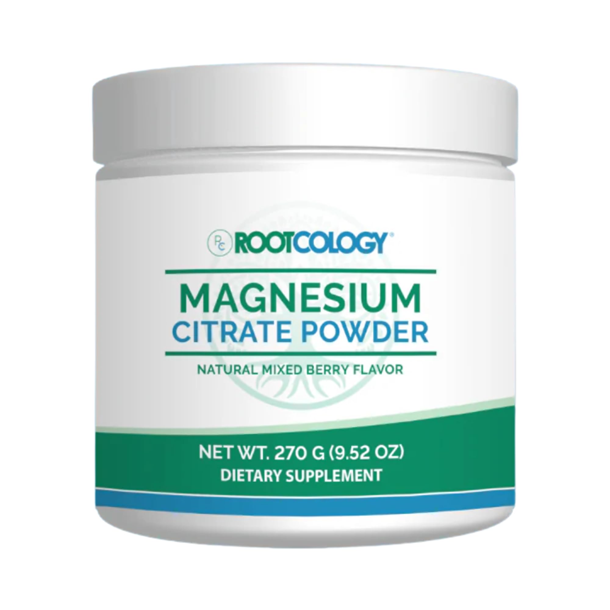 Rootcology magnesium citrate powder bottle highlights daily relaxation support.