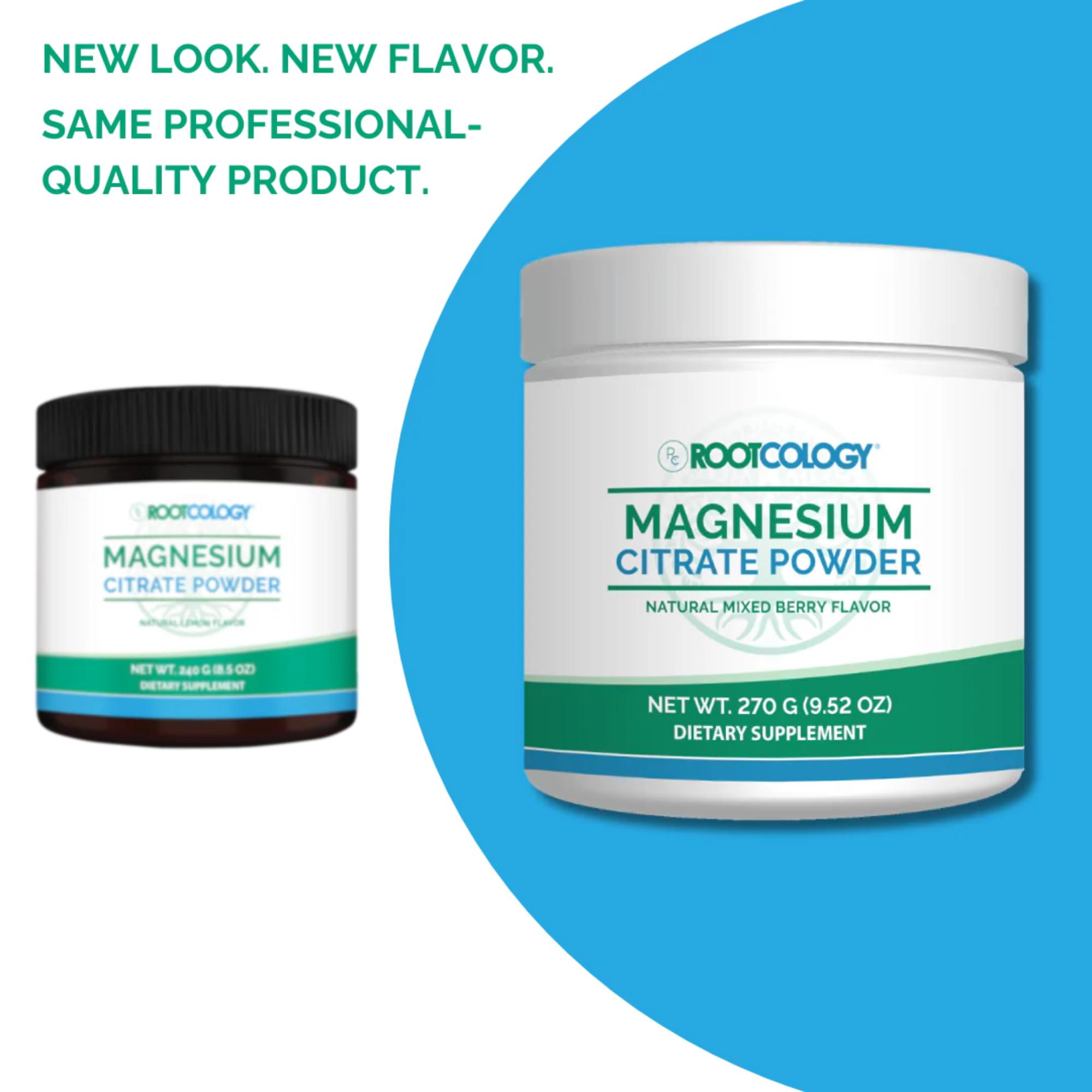 Rootcology magnesium citrate powder scoop for easy, 300 mg servings.