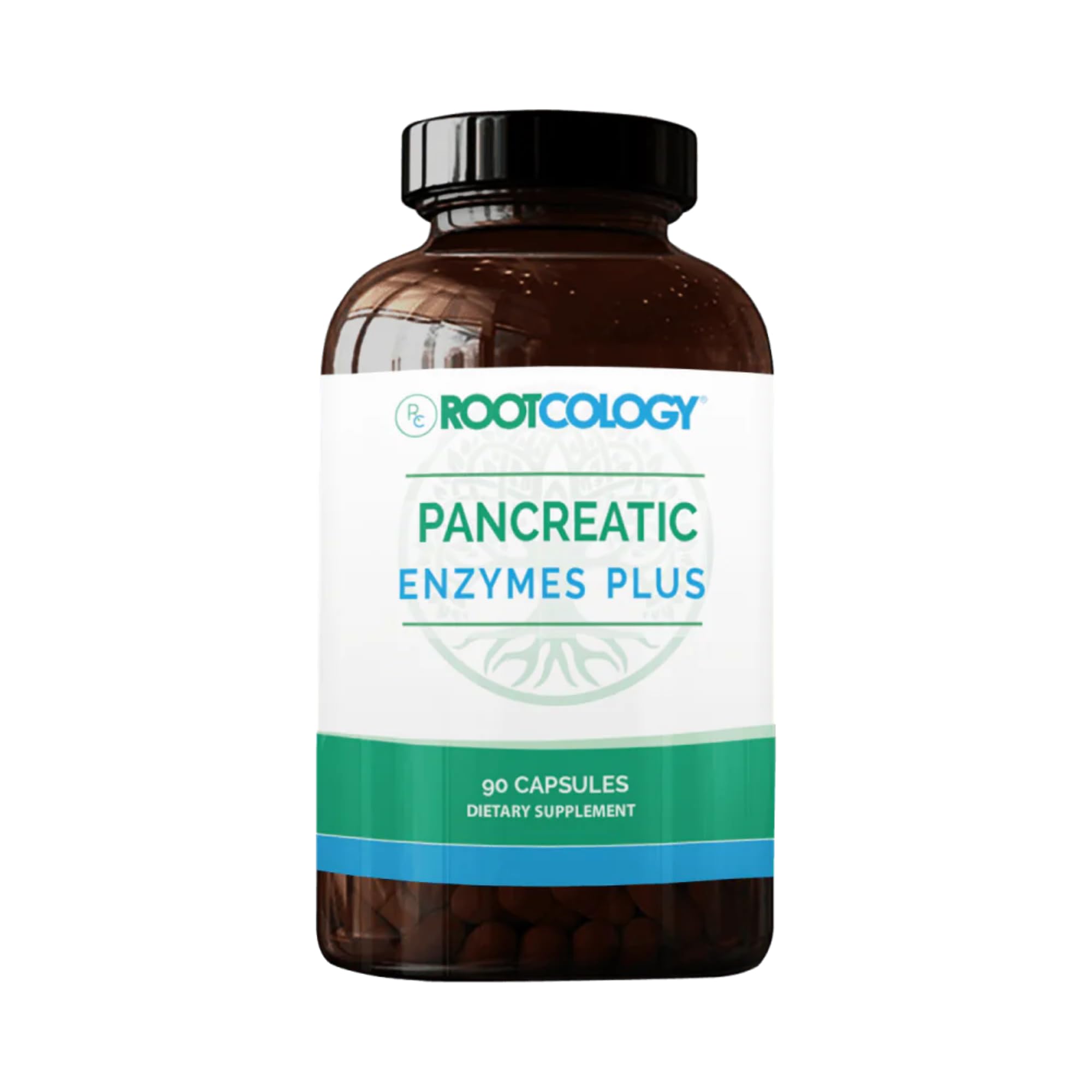 Rootcology Pancreatic Enzymes bottle pour shows easy post meal dosing