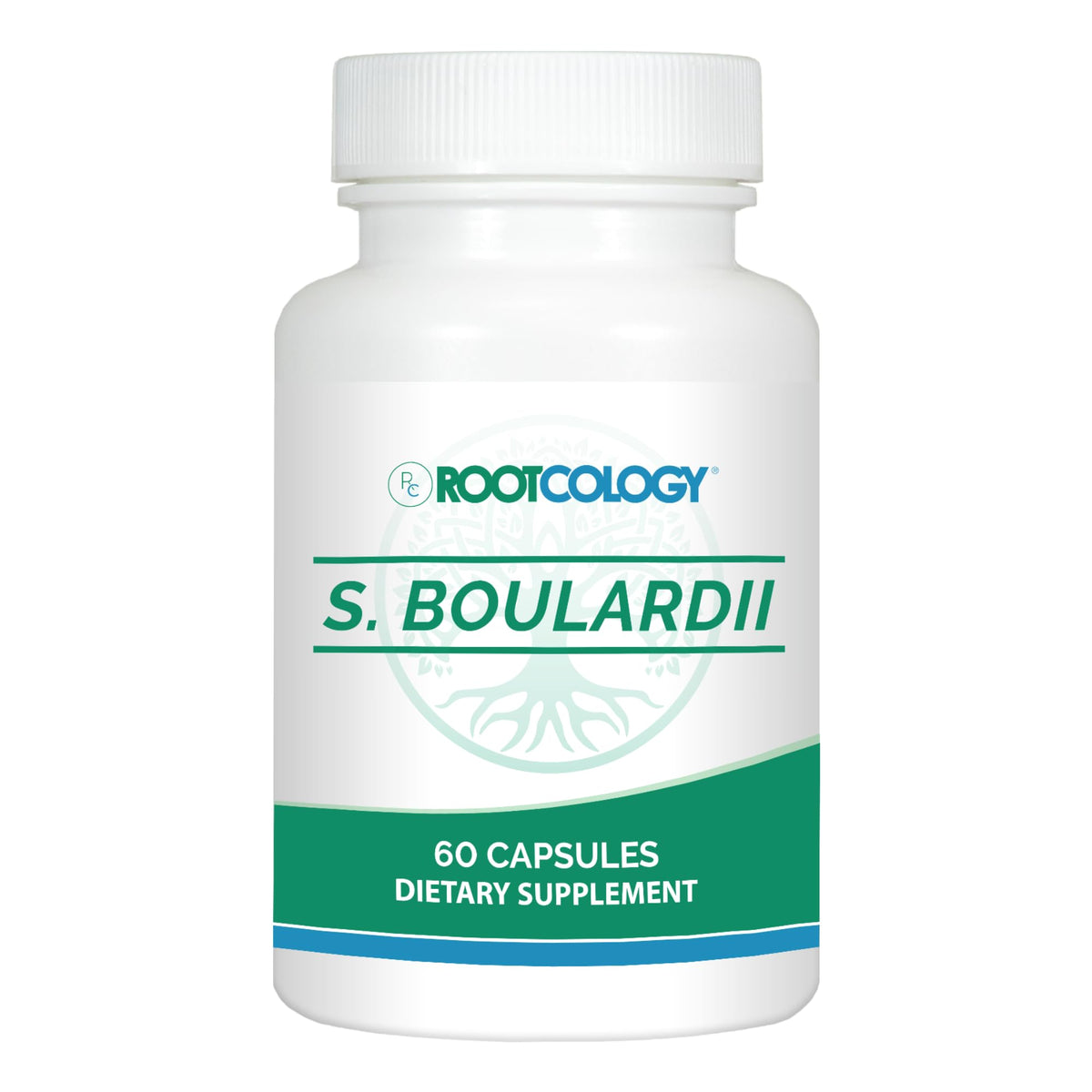 Rootcology S boulardii bottle top view with safety seal for easy daily probiotic use.