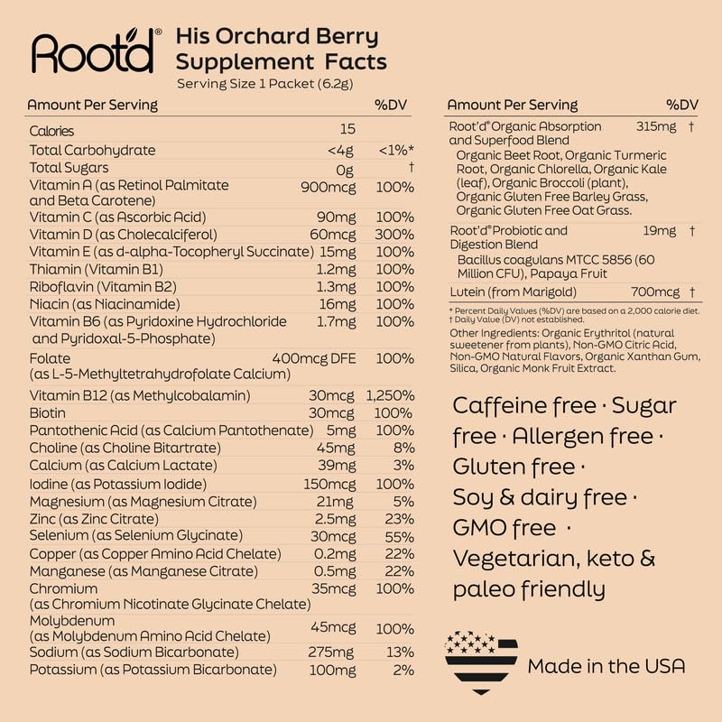 Root'd allergen-free icons indicate gluten, dairy, and soy free.