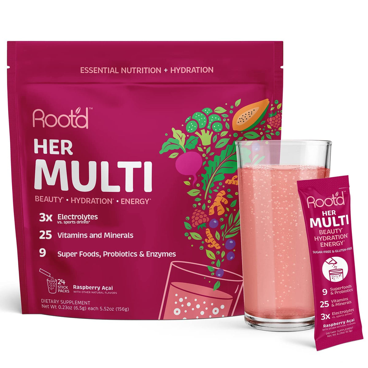 Root'd Balance bottle pour shows a sugar-free hydration option with electrolytes