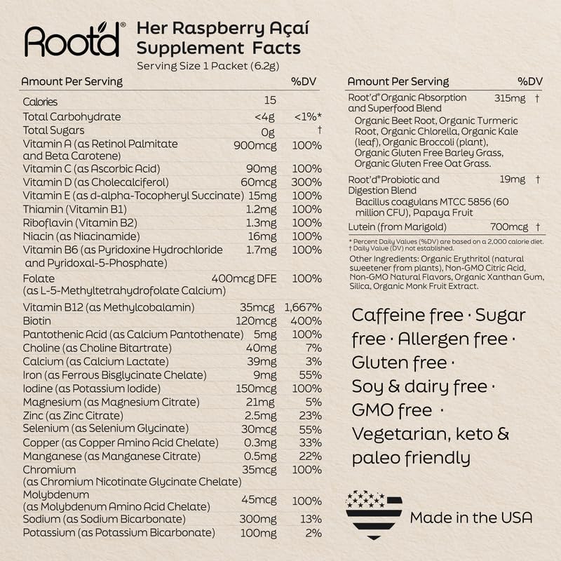 Root'd probiotics and enzymes in powder form support digestion and nutrient absorption.