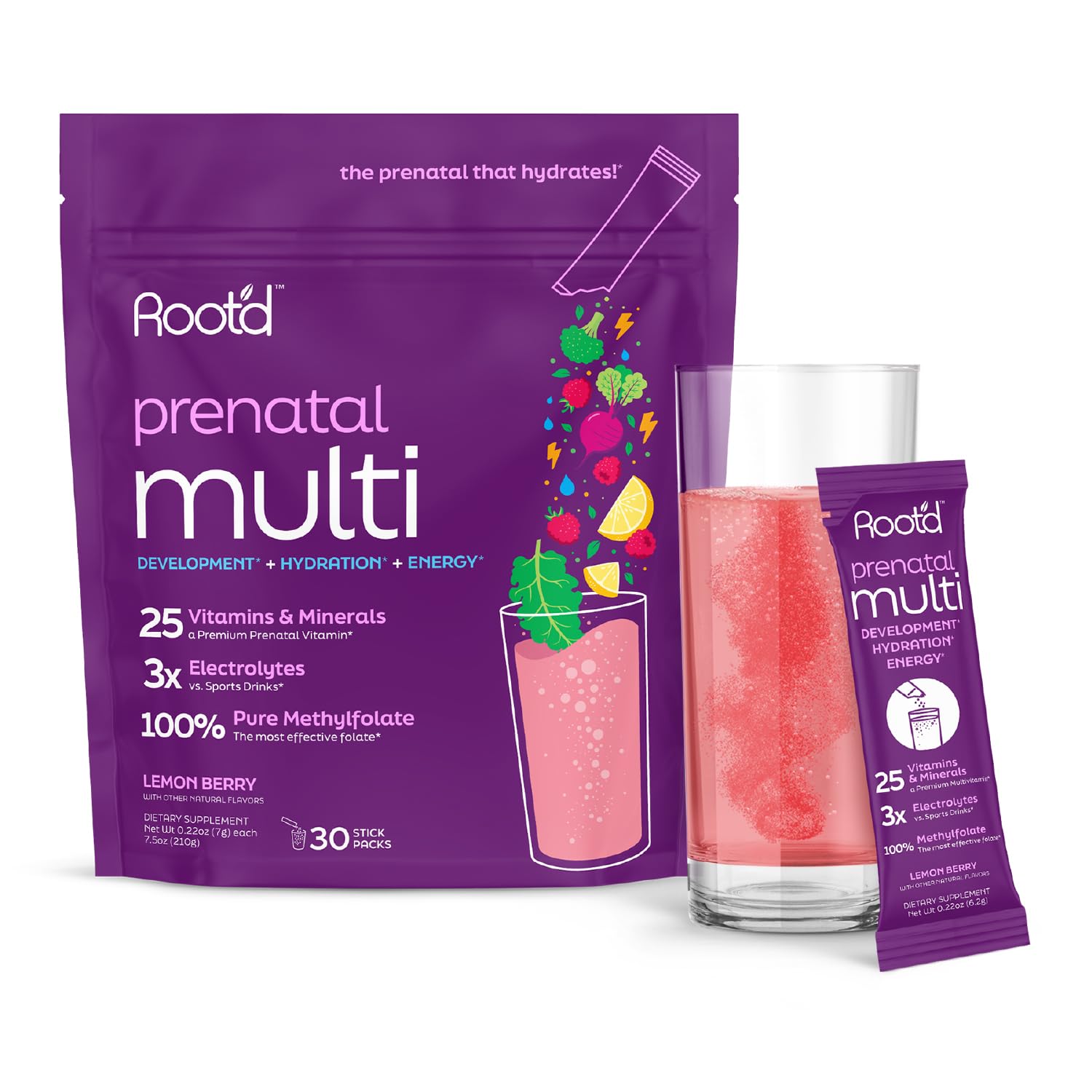 Root'd Prenatal Multivitamin Powder bottle close-up for sugar-free daily prenatal support.