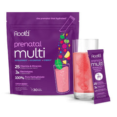 Root'd Prenatal Multivitamin Powder bottle close-up for sugar-free daily prenatal support.