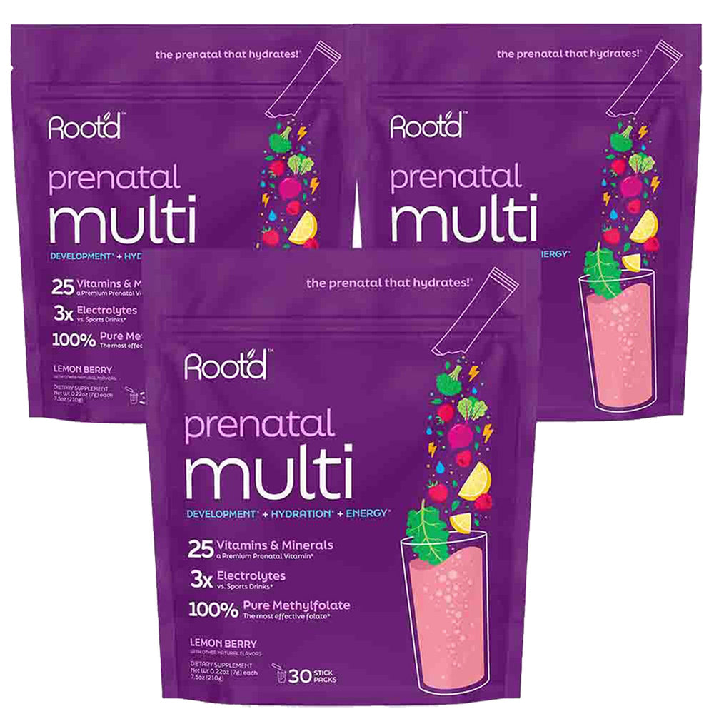 Rootd Prenatal Multivitamin Powder bottle on kitchen counter supports mom and baby