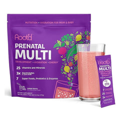 Root'd Prenatal Multivitamin Powder bottle on shelf, sugar-free nourishment for daily wellness.