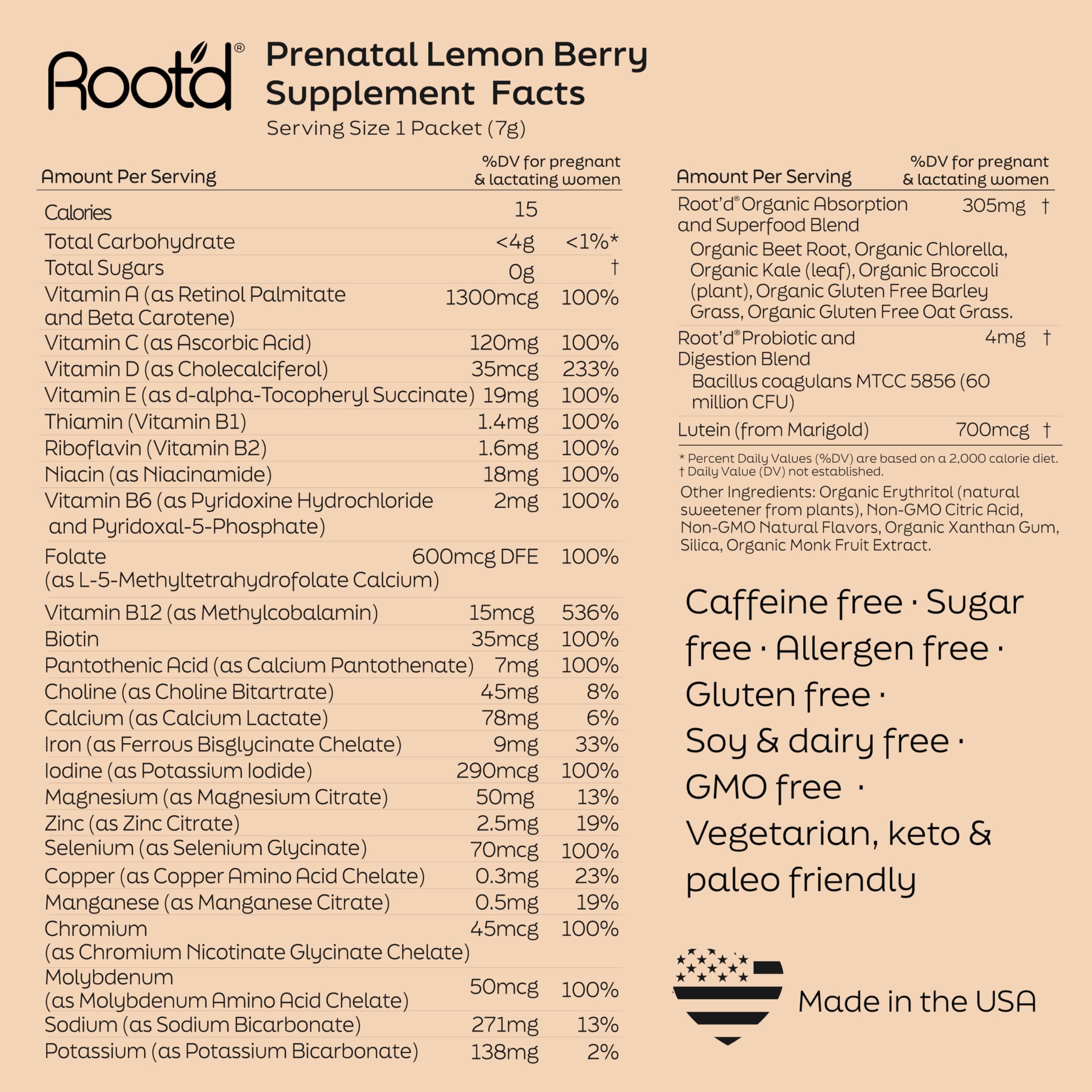Root'd Prenatal Multivitamin Powder scoop with glass of water ready to mix.
