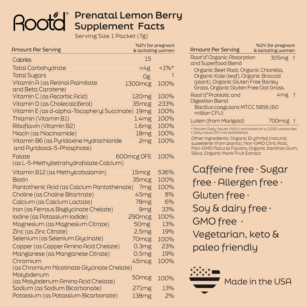 Root'd Prenatal Multivitamin Powder scoop with glass of water ready to mix.