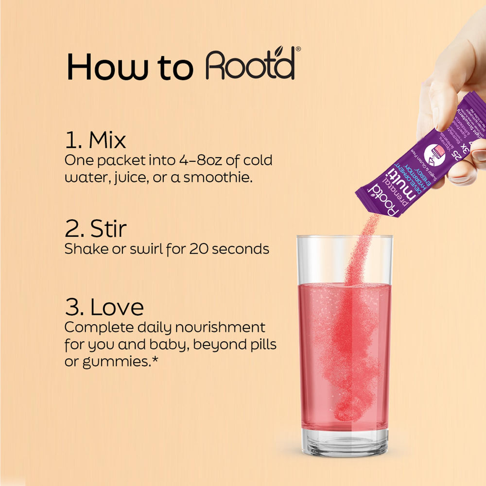 Label view of Root'd Prenatal Powder showing vitamin and mineral details.