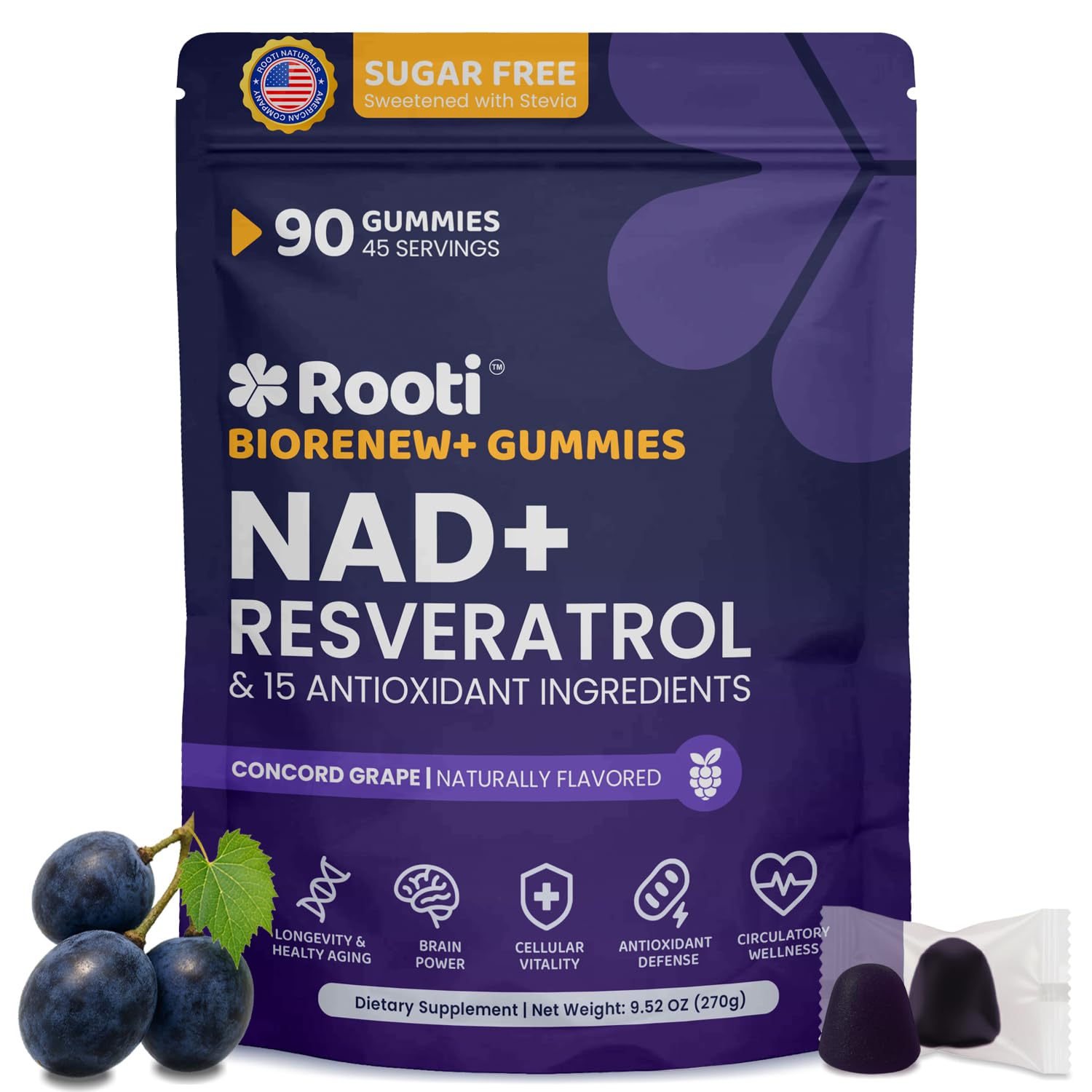 ROOTI NAD+ Plus bottle showing the complete wellness blend for daily energy and balance
