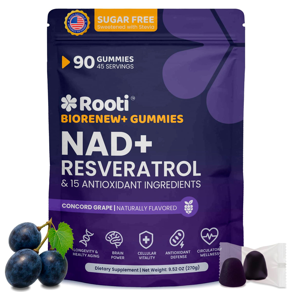 ROOTI NAD+ Plus bottle showing the complete wellness blend for daily energy and balance