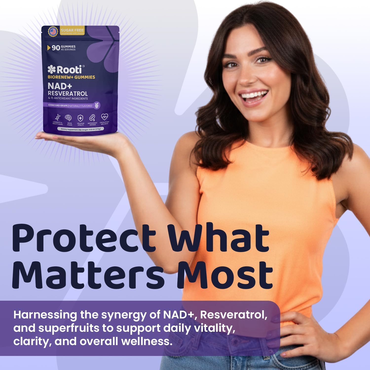 ROOTI NAD+ Plus D3 and K2 foundation image emphasizing bone health basics