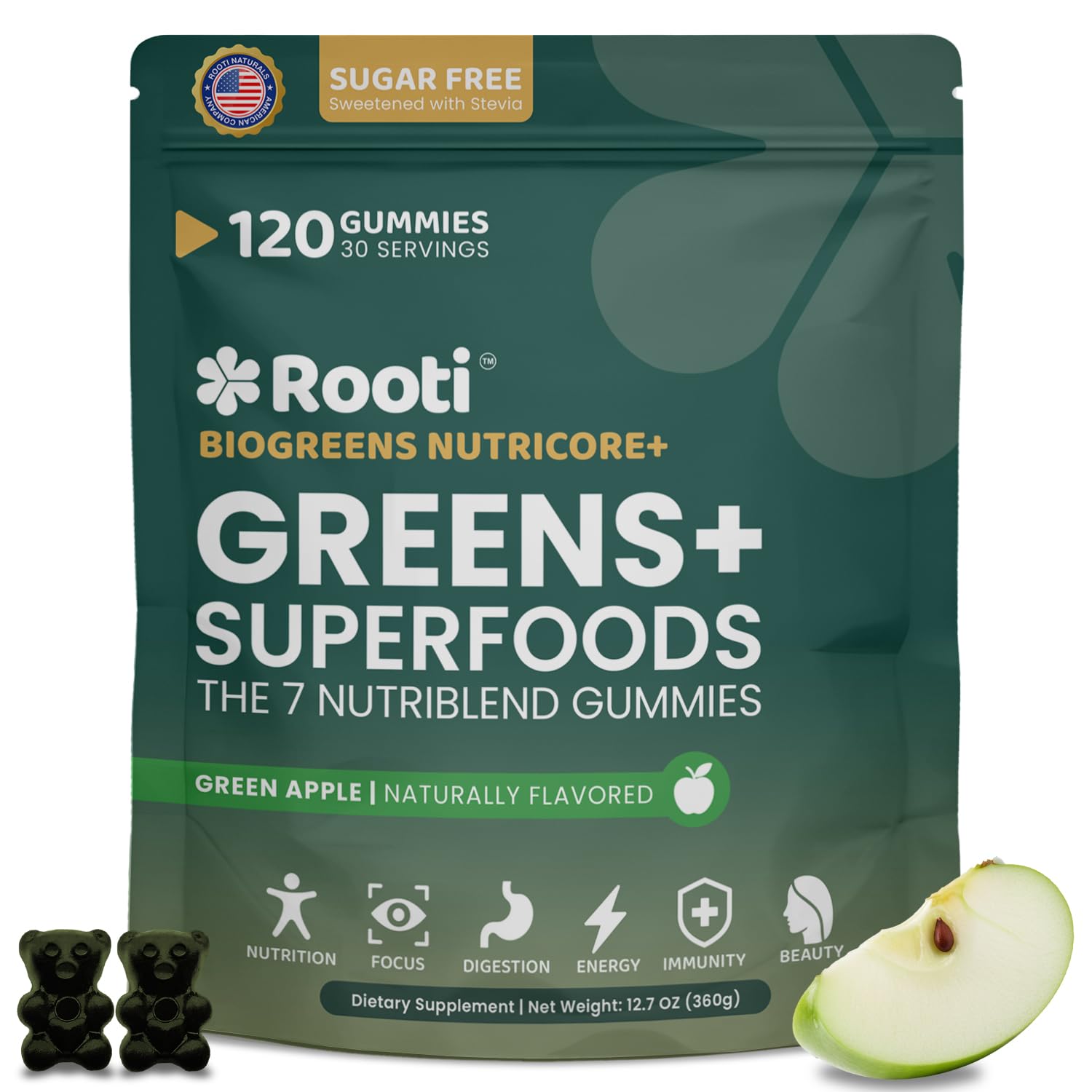ROOTI Super Greens Gummies in bottle front for daily wellness.