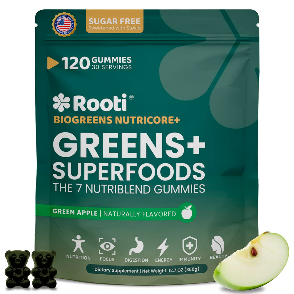 ROOTI Super Greens Gummies in bottle front for daily wellness.