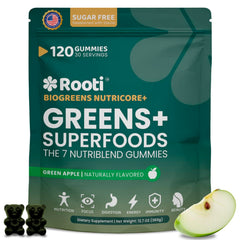 ROOTI Super Greens Gummies in bottle front for daily wellness.