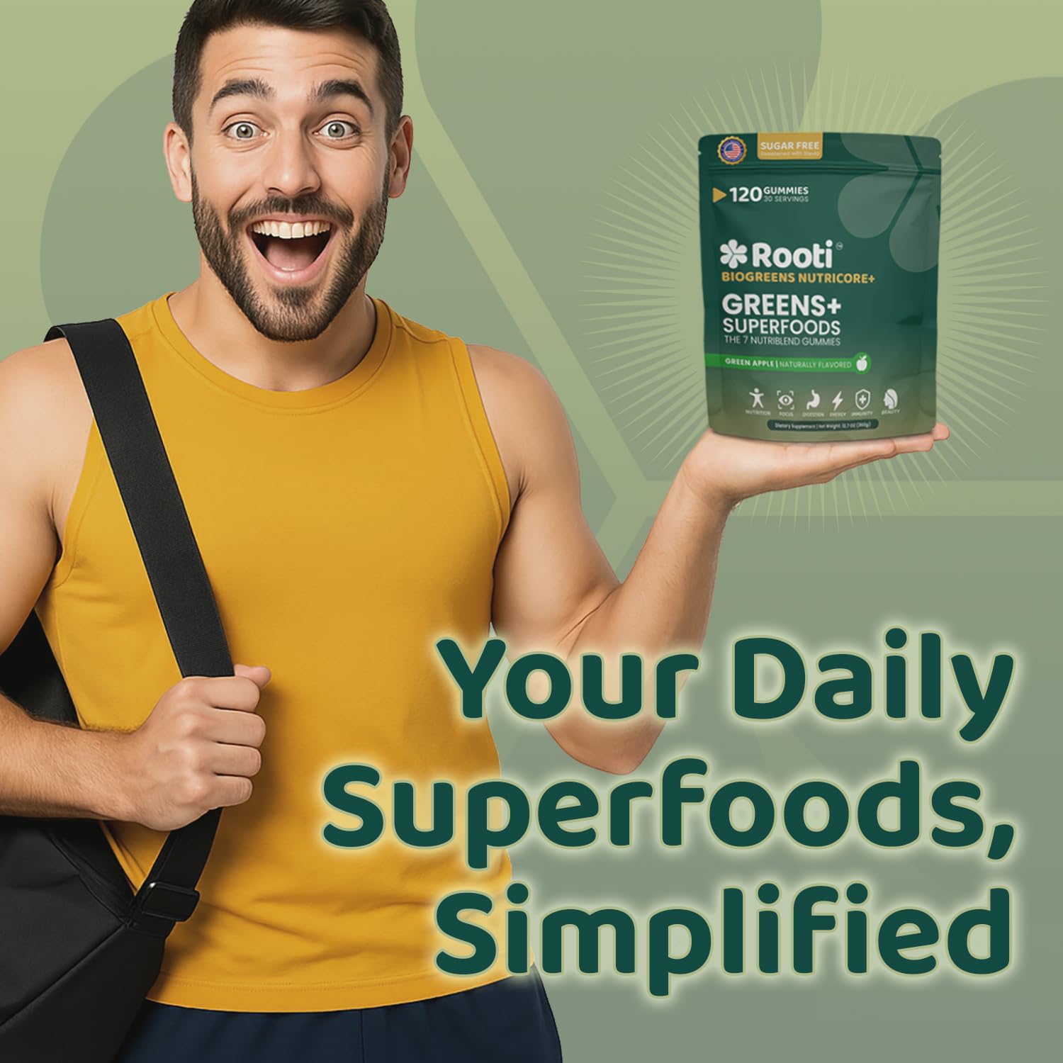 ROOTI greens fiber blend close-up with flaxseed and chicory for regularity.
